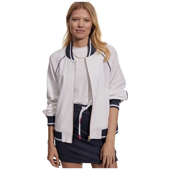 Varley Jackets & Blazers - VARLEY Womens White Navy Trim Bomber Jacket Zip Front Athletic Style Size Small
